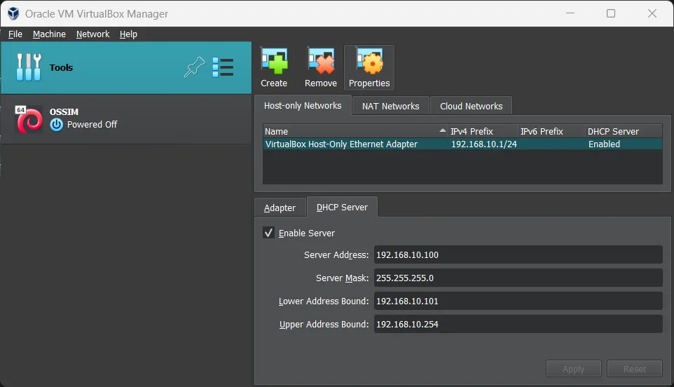 تصویر پیکربندی DHCP در VirtualBox